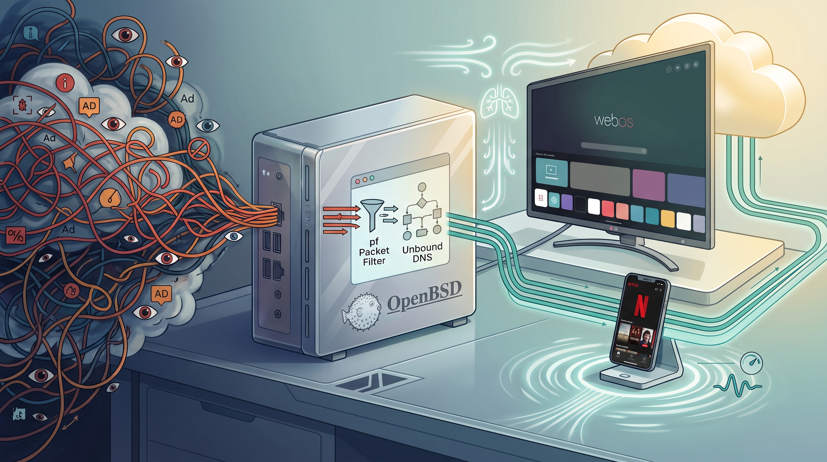 A conceptual illustration showing an OpenBSD system functioning as a network security filter. On the left, chaotic, tangled dark wires with eye icons and 'AD' symbols represent unfiltered telemetry and ad traffic. This traffic enters a futuristic silver computer acting as an OpenBSD router. The computer's monitor displays diagrams for 'pf Packet Filter' and 'Unbound DNS.' Clean, organized teal cables emerge from the right side of the computer, connecting to a large monitor labeled 'webOS' and a smartphone on a charging stand. Icons above the devices indicate benefits like 'CPU breathing room,' 'UI stopped stuttering,' and 'clean, snappier connection.'