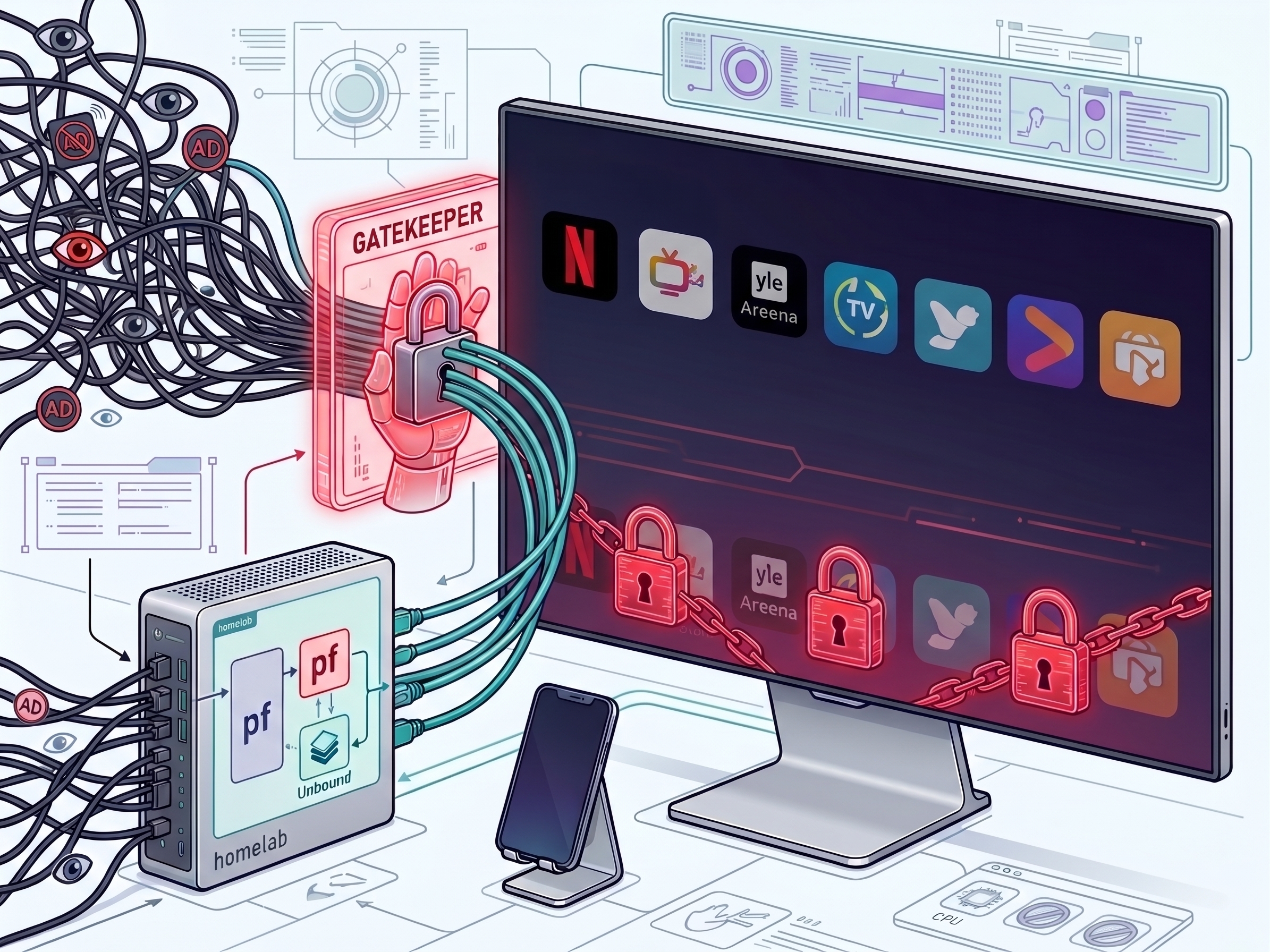 A conceptual illustration showing an LG Smart TV surrounded by network infrastructure. On the TV screen, app icons are chained and locked behind red padlocks, symbolizing an app store gatekeeper mechanism.