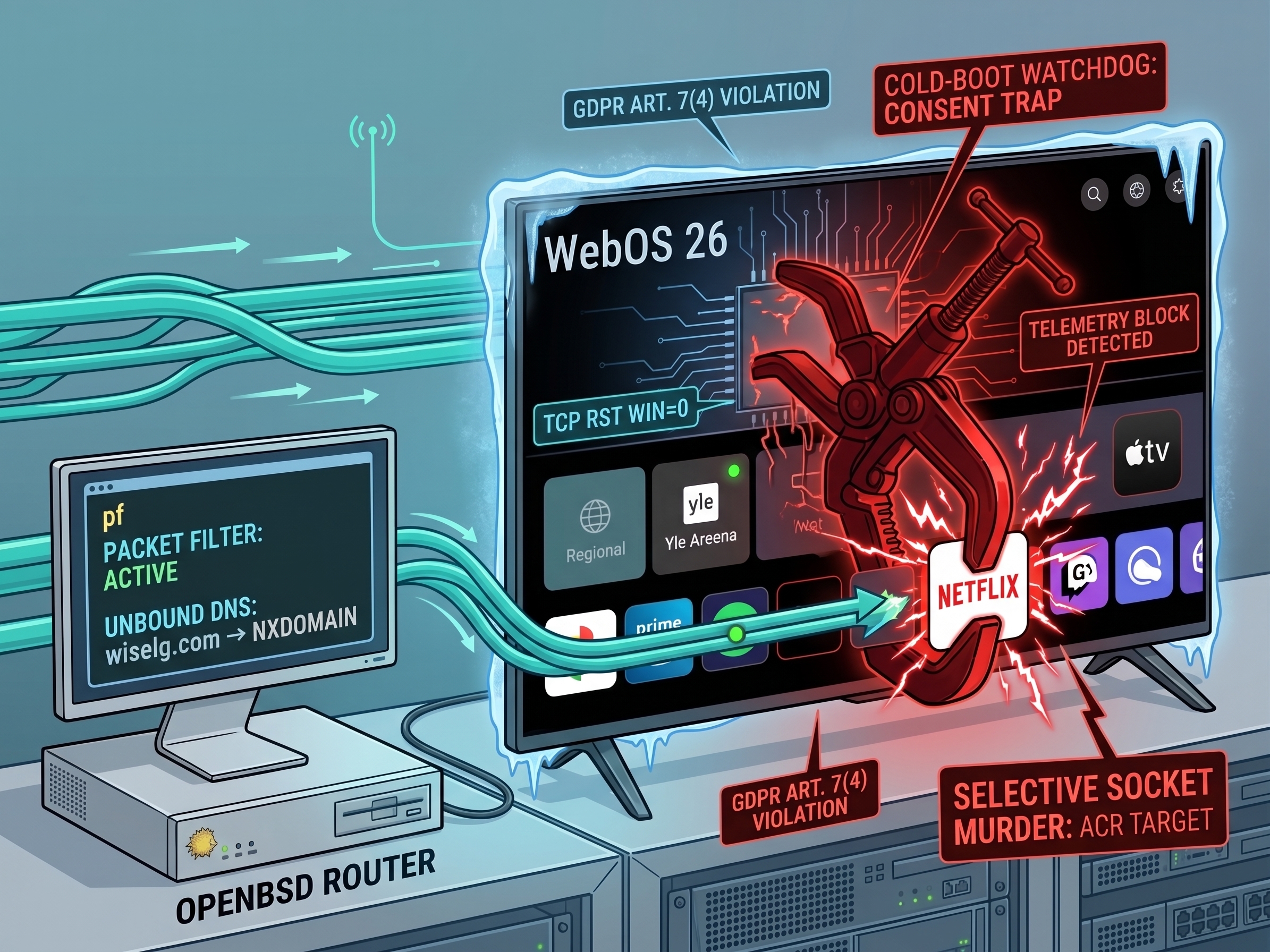 A conceptual illustration showing an LG Smart TV executing network resets against a streaming server while an OpenBSD router monitors packet flows.