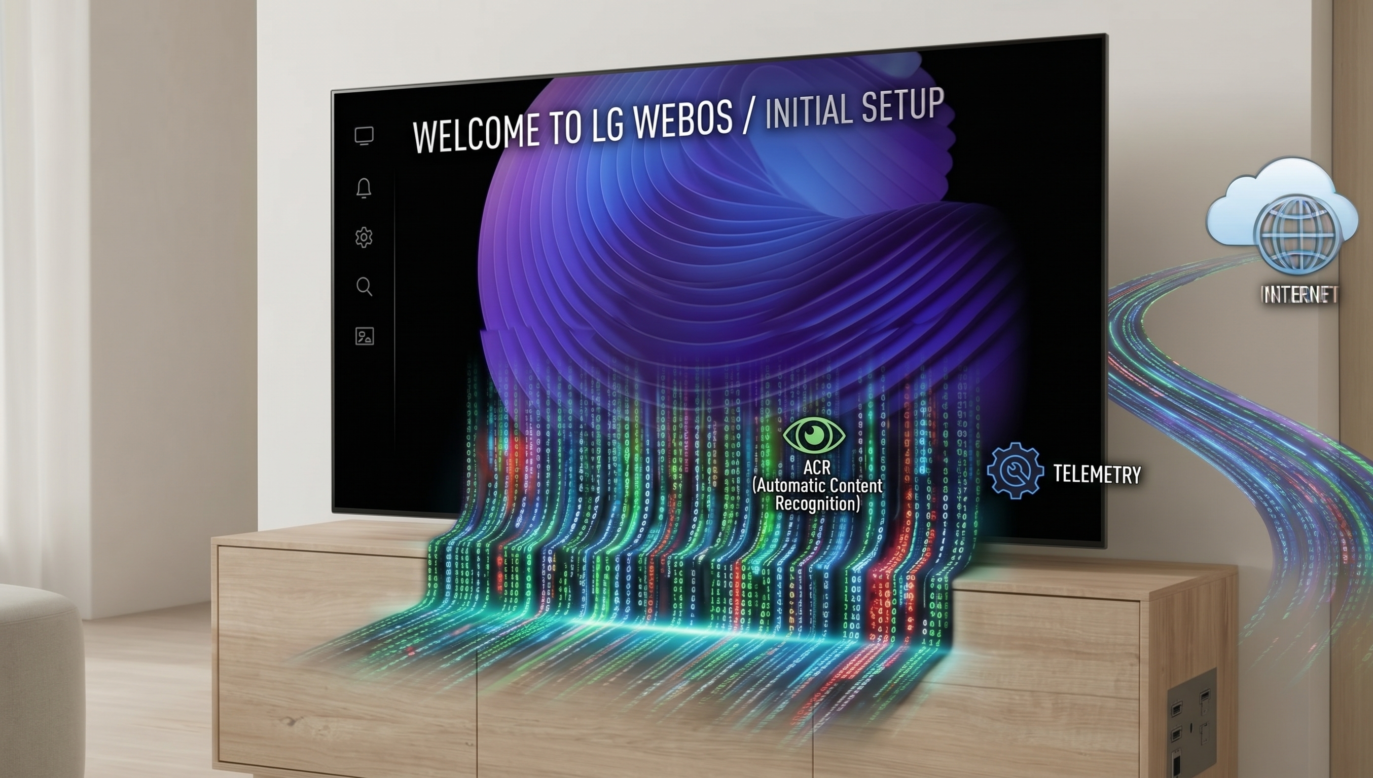 A conceptual illustration showing an LG TV displaying a Welcome setup screen, while invisible data streams labeled ACR and Telemetry leak out towards the Internet.